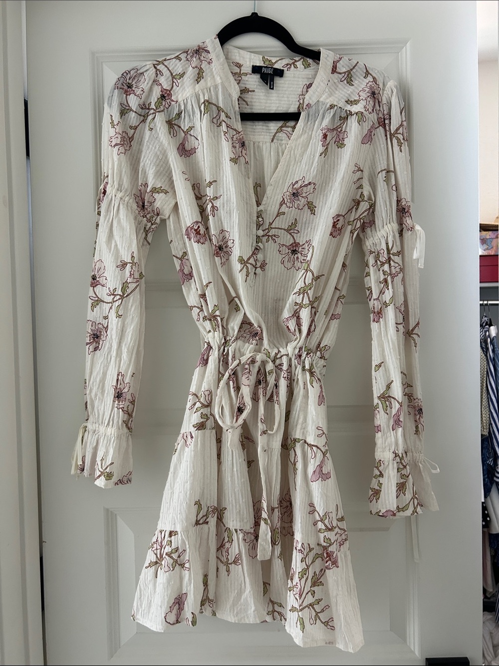 PAIGE Cream Floral Long-Sleeve Drawstring Mini Dress